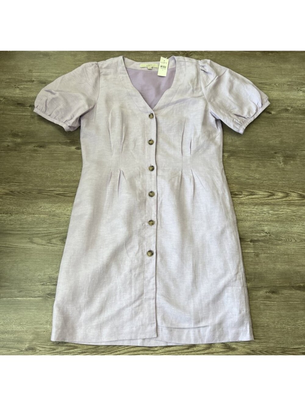 LOFT Linen Blend Button Front Dress Womens 8โ Lavender Lilac Short Sleeve NWT